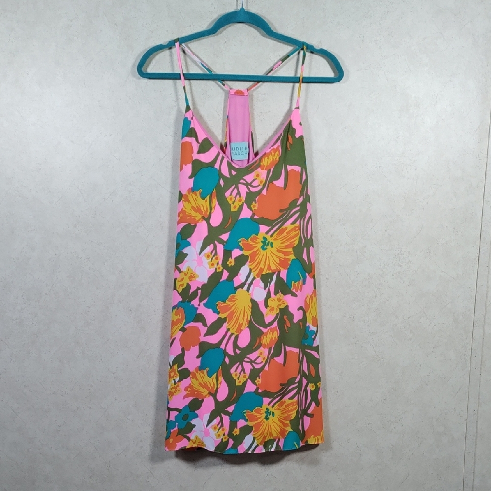 Judith March Pink Floral Mini Dress with Yellow & Teal Accents